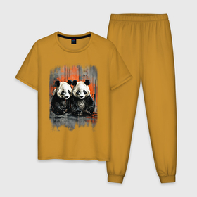 Мужская пижама хлопок с принтом Панды гранж в Новосибирске, 100% хлопок | брюки и футболка прямого кроя, без карманов, на брюках мягкая резинка на поясе и по низу штанин
 | 