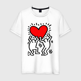 Мужская футболка хлопок с принтом Человечки держат сердце в Санкт-Петербурге, 100% хлопок | прямой крой, круглый вырез горловины, длина до линии бедер, слегка спущенное плечо. | 
