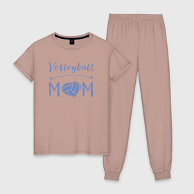 Женская пижама хлопок с принтом Мама волейбола в Тюмени, 100% хлопок | брюки и футболка прямого кроя, без карманов, на брюках мягкая резинка на поясе и по низу штанин | 
