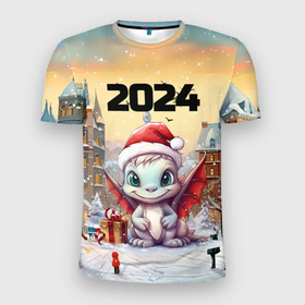 Мужская футболка 3D Slim с принтом Дракон новогодней ночи 2024 в Новосибирске, 100% полиэстер с улучшенными характеристиками | приталенный силуэт, круглая горловина, широкие плечи, сужается к линии бедра | Тематика изображения на принте: 
