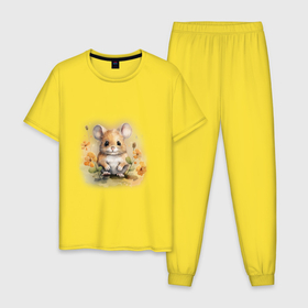 Мужская пижама хлопок с принтом Милый мышонок в цветах в Тюмени, 100% хлопок | брюки и футболка прямого кроя, без карманов, на брюках мягкая резинка на поясе и по низу штанин
 | 