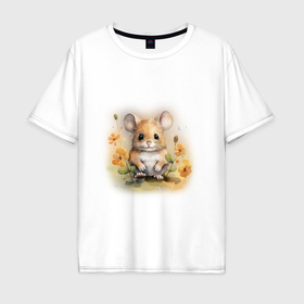 Мужская футболка хлопок Oversize с принтом Милый мышонок в цветах в Тюмени, 100% хлопок | свободный крой, круглый ворот, “спинка” длиннее передней части | 