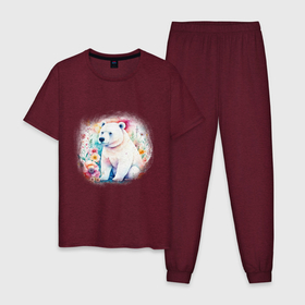 Мужская пижама хлопок с принтом Милый белый мишка на цветочной поляне , 100% хлопок | брюки и футболка прямого кроя, без карманов, на брюках мягкая резинка на поясе и по низу штанин
 | 