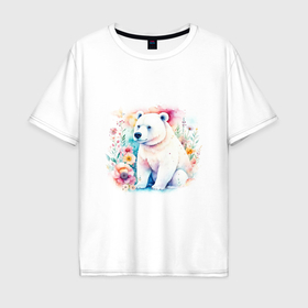Мужская футболка хлопок Oversize с принтом Милый белый мишка на цветочной поляне , 100% хлопок | свободный крой, круглый ворот, “спинка” длиннее передней части | 
