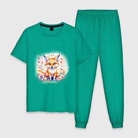 Мужская пижама хлопок с принтом Милый большеухий лисенок сидит в цветах в Курске, 100% хлопок | брюки и футболка прямого кроя, без карманов, на брюках мягкая резинка на поясе и по низу штанин
 | 