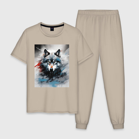 Мужская пижама хлопок с принтом Абстрактный грозный волк в Белгороде, 100% хлопок | брюки и футболка прямого кроя, без карманов, на брюках мягкая резинка на поясе и по низу штанин
 | 
