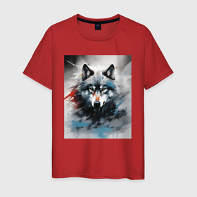 Мужская футболка хлопок с принтом Абстрактный грозный волк в Санкт-Петербурге, 100% хлопок | прямой крой, круглый вырез горловины, длина до линии бедер, слегка спущенное плечо. | 
