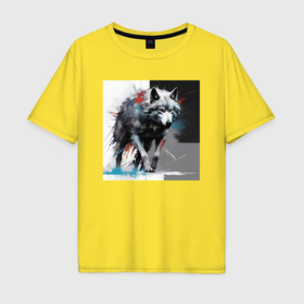 Мужская футболка хлопок Oversize с принтом Волк масляной краской в Курске, 100% хлопок | свободный крой, круглый ворот, “спинка” длиннее передней части | 
