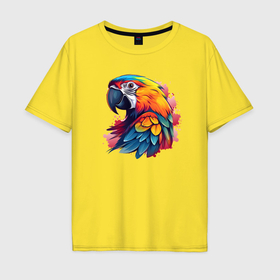 Мужская футболка хлопок Oversize с принтом Яркий попугай на красных брызгах в Курске, 100% хлопок | свободный крой, круглый ворот, “спинка” длиннее передней части | 