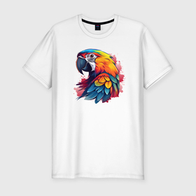 Мужская футболка хлопок Slim с принтом Яркий попугай на красных брызгах в Тюмени, 92% хлопок, 8% лайкра | приталенный силуэт, круглый вырез ворота, длина до линии бедра, короткий рукав | 