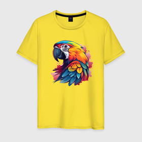 Мужская футболка хлопок с принтом Яркий попугай на красных брызгах в Белгороде, 100% хлопок | прямой крой, круглый вырез горловины, длина до линии бедер, слегка спущенное плечо. | 