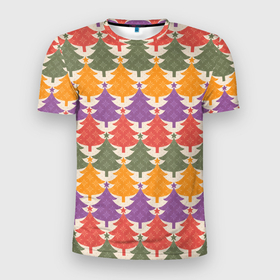Мужская футболка 3D Slim с принтом Новогодние разноцветные ёлочки в Санкт-Петербурге, 100% полиэстер с улучшенными характеристиками | приталенный силуэт, круглая горловина, широкие плечи, сужается к линии бедра | 