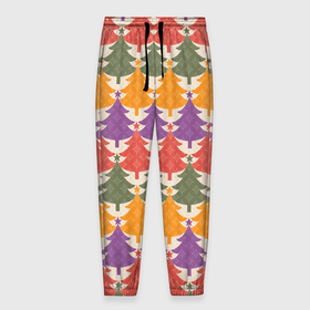 Мужские брюки 3D с принтом Новогодние разноцветные ёлочки в Тюмени, 100% полиэстер | манжеты по низу, эластичный пояс регулируется шнурком, по бокам два кармана без застежек, внутренняя часть кармана из мелкой сетки | Тематика изображения на принте: 