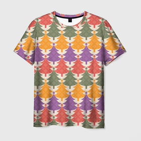Мужская футболка 3D с принтом Новогодние разноцветные ёлочки в Санкт-Петербурге, 100% полиэфир | прямой крой, круглый вырез горловины, длина до линии бедер | Тематика изображения на принте: 