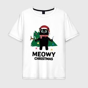 Мужская футболка хлопок Oversize с принтом Черный кот уронил новогоднюю елку в Екатеринбурге, 100% хлопок | свободный крой, круглый ворот, “спинка” длиннее передней части | Тематика изображения на принте: 