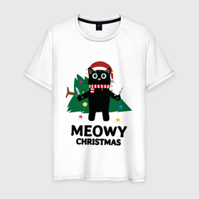 Мужская футболка хлопок с принтом Черный кот уронил новогоднюю елку в Тюмени, 100% хлопок | прямой крой, круглый вырез горловины, длина до линии бедер, слегка спущенное плечо. | 