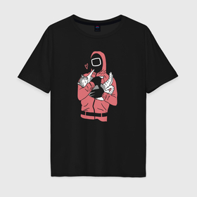 Мужская футболка хлопок Oversize с принтом Страж и котик   Игра в кальмара в Тюмени, 100% хлопок | свободный крой, круглый ворот, “спинка” длиннее передней части | Тематика изображения на принте: 