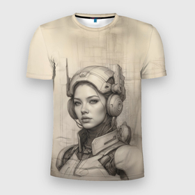 Мужская футболка 3D Slim с принтом Скетч девушка разведчик в Петрозаводске, 100% полиэстер с улучшенными характеристиками | приталенный силуэт, круглая горловина, широкие плечи, сужается к линии бедра | 