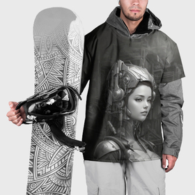 Накидка на куртку 3D с принтом Черно белая иллюстрация девушки в шлеме в Санкт-Петербурге, 100% полиэстер |  | Тематика изображения на принте: 