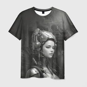 Мужская футболка 3D с принтом Черно белая иллюстрация девушки в шлеме в Петрозаводске, 100% полиэфир | прямой крой, круглый вырез горловины, длина до линии бедер | 