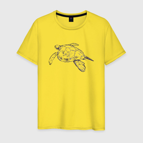 Мужская футболка хлопок с принтом Морская черепаха уплывает в Кировске, 100% хлопок | прямой крой, круглый вырез горловины, длина до линии бедер, слегка спущенное плечо. | Тематика изображения на принте: 