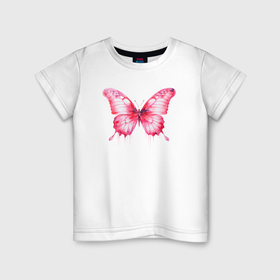 Детская футболка хлопок с принтом Розовая акварельная бабочка в Екатеринбурге, 100% хлопок | круглый вырез горловины, полуприлегающий силуэт, длина до линии бедер | 