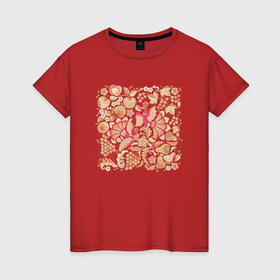 Женская футболка хлопок с принтом Птицы и плоды в саду: русский орнамент , 100% хлопок | прямой крой, круглый вырез горловины, длина до линии бедер, слегка спущенное плечо | 