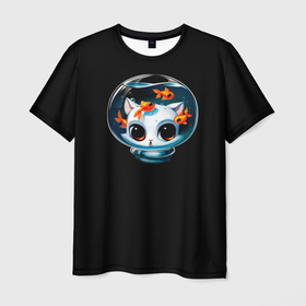 Мужская футболка 3D с принтом Кот в аквариуме скафандре в Новосибирске, 100% полиэфир | прямой крой, круглый вырез горловины, длина до линии бедер | Тематика изображения на принте: 