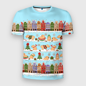 Мужская футболка 3D Slim с принтом Капибара с семьей на прогулке в Новосибирске, 100% полиэстер с улучшенными характеристиками | приталенный силуэт, круглая горловина, широкие плечи, сужается к линии бедра | Тематика изображения на принте: 