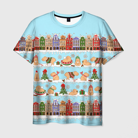 Мужская футболка 3D с принтом Капибара с семьей на прогулке в Курске, 100% полиэфир | прямой крой, круглый вырез горловины, длина до линии бедер | 