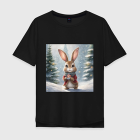 Мужская футболка хлопок Oversize с принтом Новогодний зайчик с подарком в зимнем лесу в Курске, 100% хлопок | свободный крой, круглый ворот, “спинка” длиннее передней части | Тематика изображения на принте: 