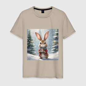 Мужская футболка хлопок с принтом Новогодний зайчик с подарком в зимнем лесу в Курске, 100% хлопок | прямой крой, круглый вырез горловины, длина до линии бедер, слегка спущенное плечо. | 