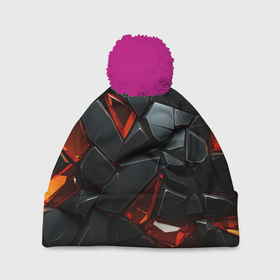 Шапка 3D c помпоном с принтом Черные камни с красными кристаллами в Тюмени, 100% полиэстер | универсальный размер, печать по всей поверхности изделия | 
