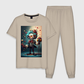 Мужская пижама хлопок с принтом Страшный клоун с шарами и цветами праздник в Белгороде, 100% хлопок | брюки и футболка прямого кроя, без карманов, на брюках мягкая резинка на поясе и по низу штанин
 | 