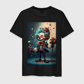 Мужская футболка хлопок с принтом Страшный клоун с шарами и цветами праздник в Курске, 100% хлопок | прямой крой, круглый вырез горловины, длина до линии бедер, слегка спущенное плечо. | 