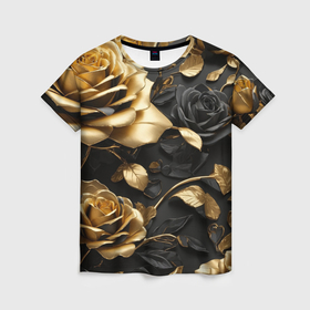 Женская футболка 3D с принтом Металлические розы золотые и черные в Екатеринбурге, 100% полиэфир ( синтетическое хлопкоподобное полотно) | прямой крой, круглый вырез горловины, длина до линии бедер | 