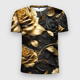 Мужская футболка 3D Slim с принтом Металлические розы золотые и черные в Курске, 100% полиэстер с улучшенными характеристиками | приталенный силуэт, круглая горловина, широкие плечи, сужается к линии бедра | 