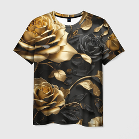 Мужская футболка 3D с принтом Металлические розы золотые и черные в Курске, 100% полиэфир | прямой крой, круглый вырез горловины, длина до линии бедер | Тематика изображения на принте: 