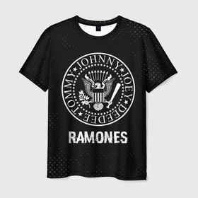Мужская футболка 3D с принтом Ramones glitch на темном фоне в Петрозаводске, 100% полиэфир | прямой крой, круглый вырез горловины, длина до линии бедер | Тематика изображения на принте: 