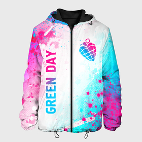 Мужская куртка 3D с принтом Green Day neon gradient style вертикально в Санкт-Петербурге, ткань верха — 100% полиэстер, подклад — флис | прямой крой, подол и капюшон оформлены резинкой с фиксаторами, два кармана без застежек по бокам, один большой потайной карман на груди. Карман на груди застегивается на липучку | 