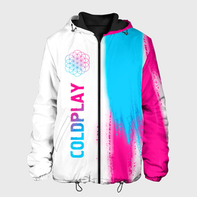 Мужская куртка 3D с принтом Coldplay neon gradient style по вертикали , ткань верха — 100% полиэстер, подклад — флис | прямой крой, подол и капюшон оформлены резинкой с фиксаторами, два кармана без застежек по бокам, один большой потайной карман на груди. Карман на груди застегивается на липучку | 