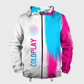 Мужская ветровка 3D с принтом Coldplay neon gradient style по вертикали в Кировске, 100% полиэстер | подол и капюшон оформлены резинкой с фиксаторами, два кармана без застежек по бокам, один потайной карман на груди | 