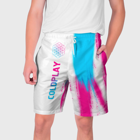 Мужские шорты 3D с принтом Coldplay neon gradient style по вертикали в Белгороде,  полиэстер 100% | прямой крой, два кармана без застежек по бокам. Мягкая трикотажная резинка на поясе, внутри которой широкие завязки. Длина чуть выше колен | 