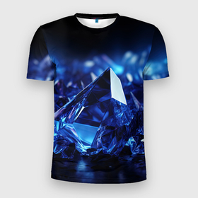 Мужская футболка 3D Slim с принтом Синие прозрачные алмазы в Белгороде, 100% полиэстер с улучшенными характеристиками | приталенный силуэт, круглая горловина, широкие плечи, сужается к линии бедра | 