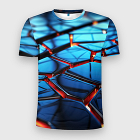 Мужская футболка 3D Slim с принтом Синие плиты с ярким свечением в Екатеринбурге, 100% полиэстер с улучшенными характеристиками | приталенный силуэт, круглая горловина, широкие плечи, сужается к линии бедра | 