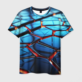 Мужская футболка 3D с принтом Синие плиты с ярким свечением в Белгороде, 100% полиэфир | прямой крой, круглый вырез горловины, длина до линии бедер | 