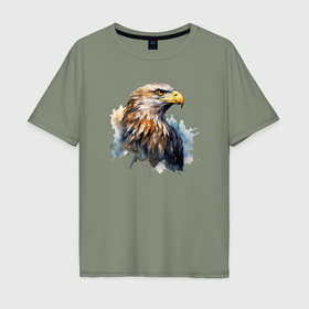 Мужская футболка хлопок Oversize с принтом Акварельный орел в брызгах краски , 100% хлопок | свободный крой, круглый ворот, “спинка” длиннее передней части | Тематика изображения на принте: 