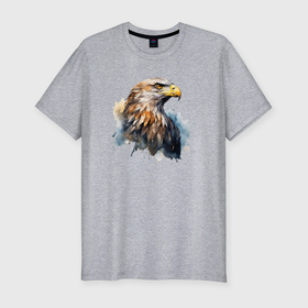 Мужская футболка хлопок Slim с принтом Акварельный орел в брызгах краски в Тюмени, 92% хлопок, 8% лайкра | приталенный силуэт, круглый вырез ворота, длина до линии бедра, короткий рукав | 