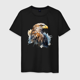 Мужская футболка хлопок с принтом Акварельный орел в брызгах краски , 100% хлопок | прямой крой, круглый вырез горловины, длина до линии бедер, слегка спущенное плечо. | 