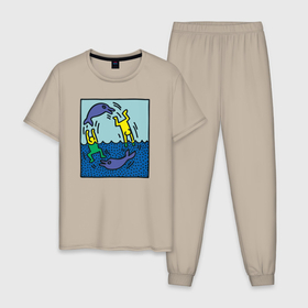 Мужская пижама хлопок с принтом Человечки и дельфины в Курске, 100% хлопок | брюки и футболка прямого кроя, без карманов, на брюках мягкая резинка на поясе и по низу штанин
 | 